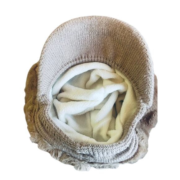 Tan Plush Pom-Pom Beret Hat With Visor Women’s Winter Warm Faux Fur Knit Interio - Picture 4 of 5